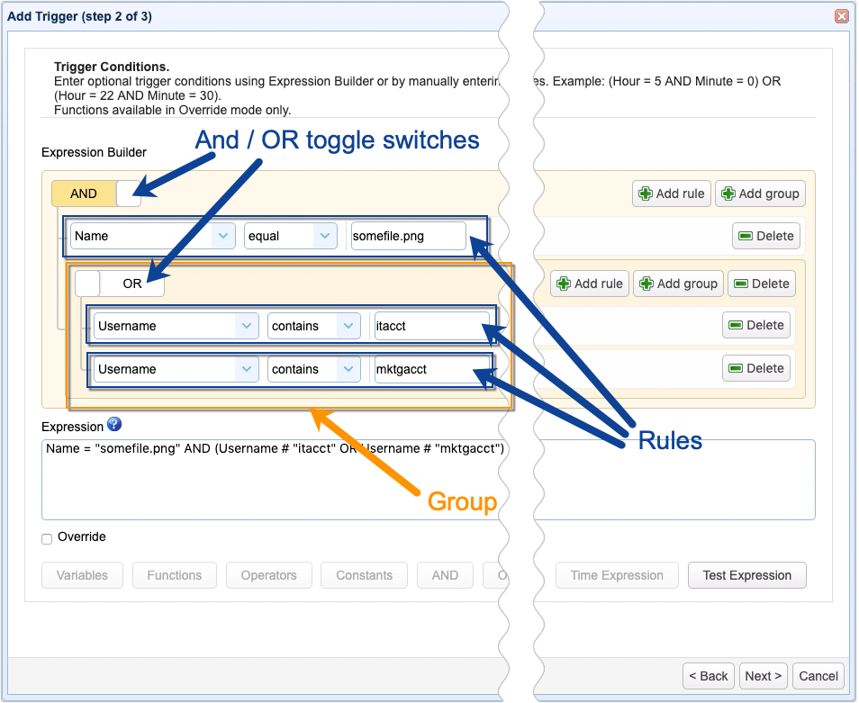 parts of trigger condition expression builder